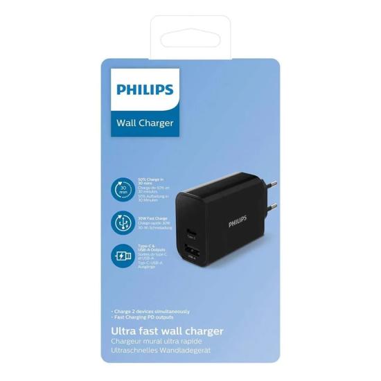 Philips DLP2621 30W USB-A +  Type-C Şarj Adaptörü Siyah