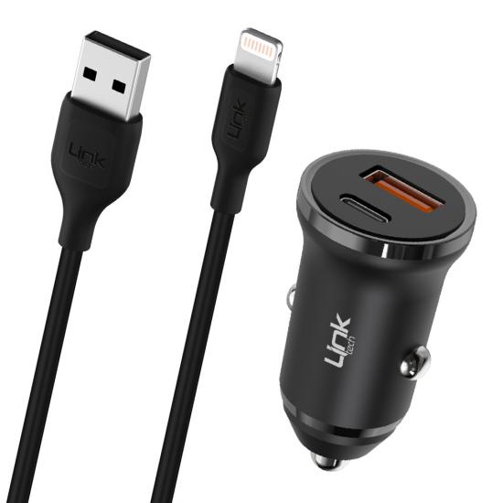 LinkTech C485e 20W PD Type-C + USB Araç Şarj Cihazı + Lightning Kablo Set Siyah