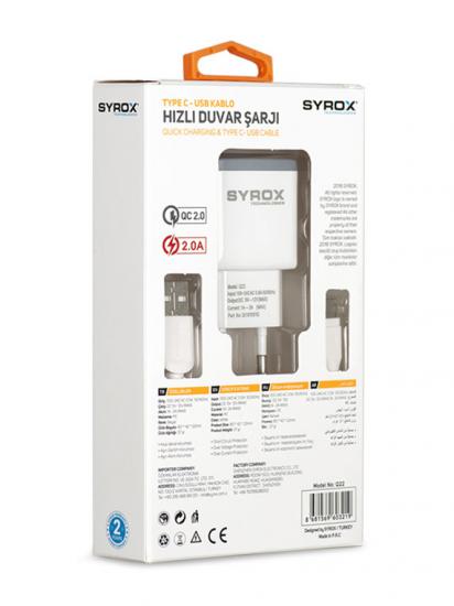 Syrox Q22 Şarj Aleti Type-C Kablo Set 2.0A - Beyaz