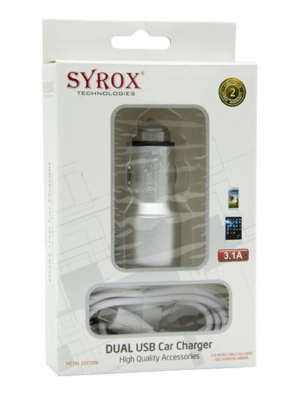 Syrox C32 Metal Araç İçi Şarj Adaptörü ve Micro USB Kablo Set 3.1A Füme