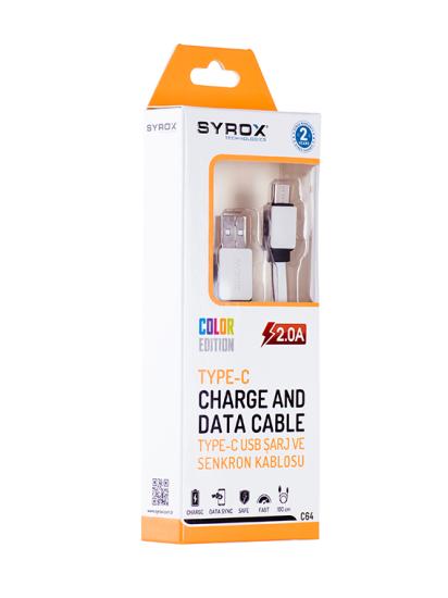 Syrox C64 Type-C USB Şarj ve Data Kablo 2.0A 1.2mt Beyaz