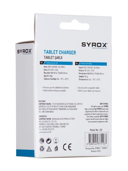 Syrox J12 Tablet Şarj Aleti Micro USB Giriş 5V 2A